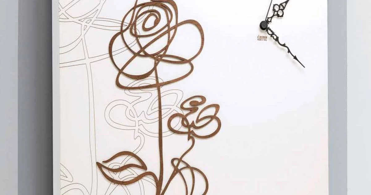 Orologio a Parete in Legno Bianco Quadrato con Decoro a Rosa Moderno - Bucaneve