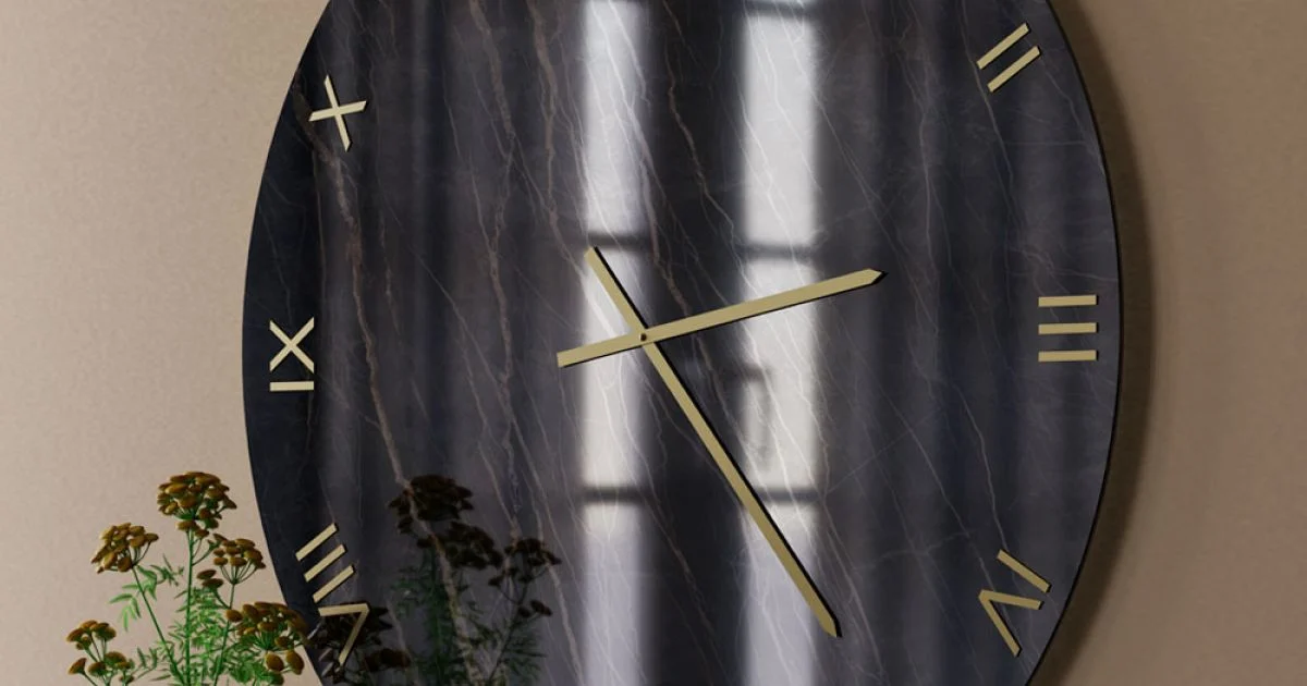 Orologio da Parete in Vetro Effetto Marmo Black Gold con Lancette in Ottone - Cortex