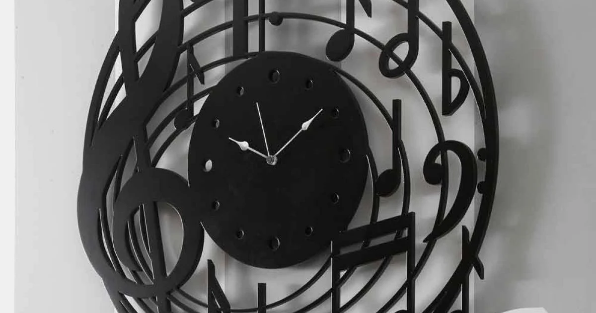 Orologio da Parete Nero Rotondo di Design Moderno in Legno Decorato - Musica