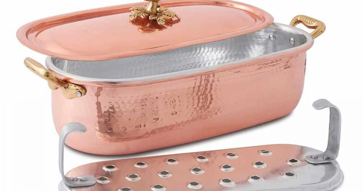 Pesciera Pentola in Rame Stagnato a Mano Italiano con Coperchio 44 cm - Mariapia