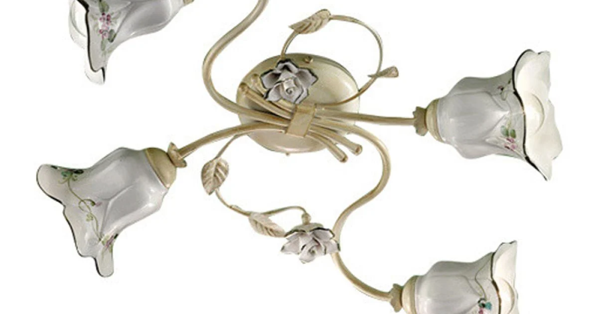 Plafoniera 4 Luci in Metallo e Ceramica con Rose Dipinta a Mano - Pisa