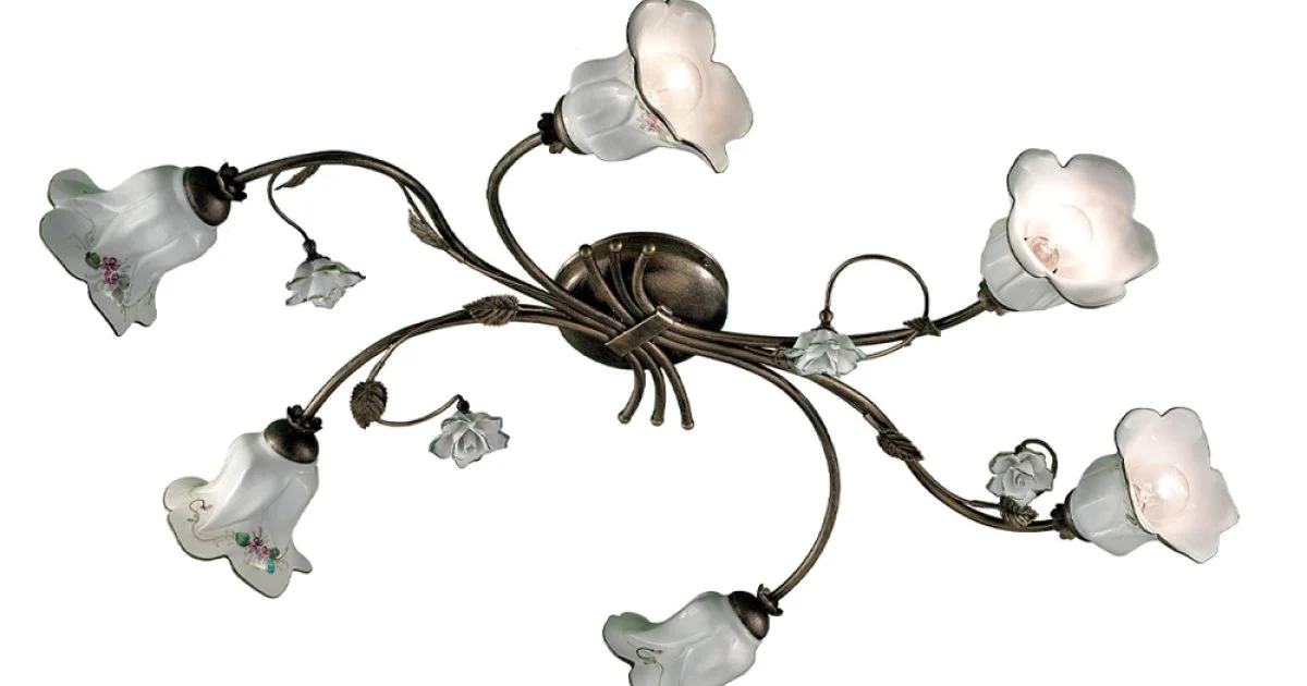 Plafoniera a 6 Luci in Ceramica Artigianale con Rose di Decoro - Pisa