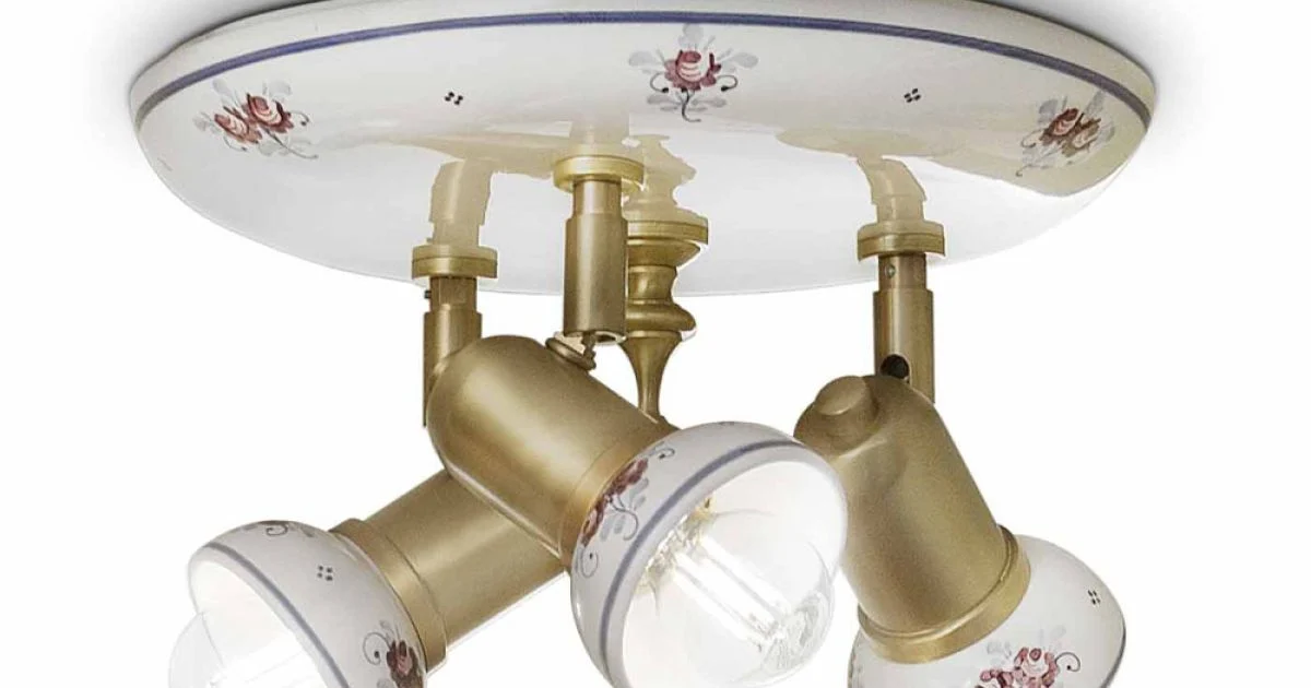 Plafoniera Rotonda 3 Faretti in Ottone e Ceramica Dipinta a Mano - Savona