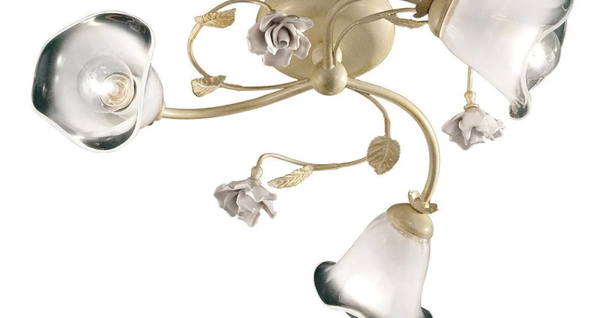Plafoniera Vintage 3 o 4 Luci in Ferro, Vetro e Rose di Ceramica - Siena