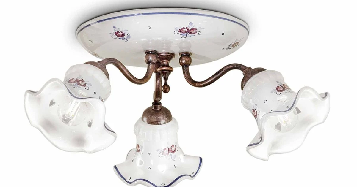 Plafoniera Vintage Artigianale in Ferro e Ceramica Decorata a Mano - Chieti