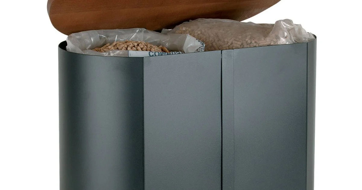 Porta Pellet Ovale in Metallo Nero e Coperchio in Legno Made in Italy - Bisonte