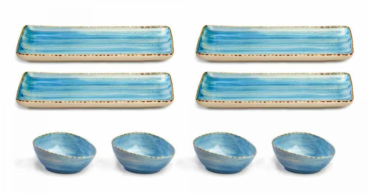 Servizio 8 Piatti Colorati Rettangolari e Ciotola Design Moderno in Gres - Simba