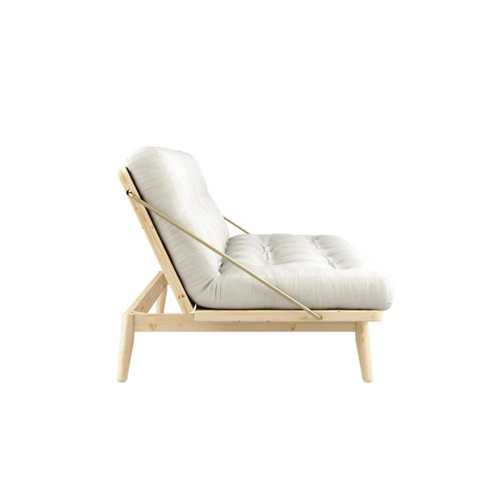 Divano letto Folk di Karup Design in legno di pino naturale con schienale, sostenuto dai braccioli in metallo, reclinabile