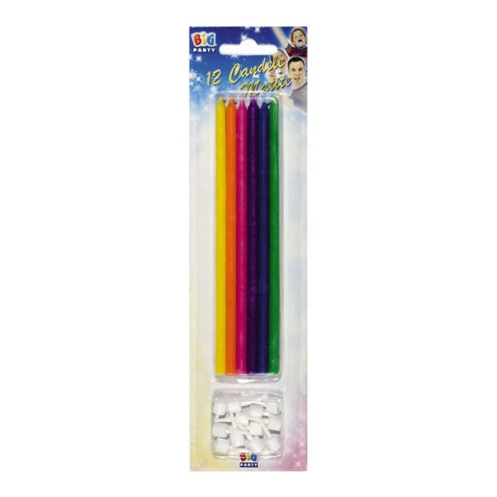 Big Party Candeline Matite Assortite H 15 Cm + Supporto 12 Pz