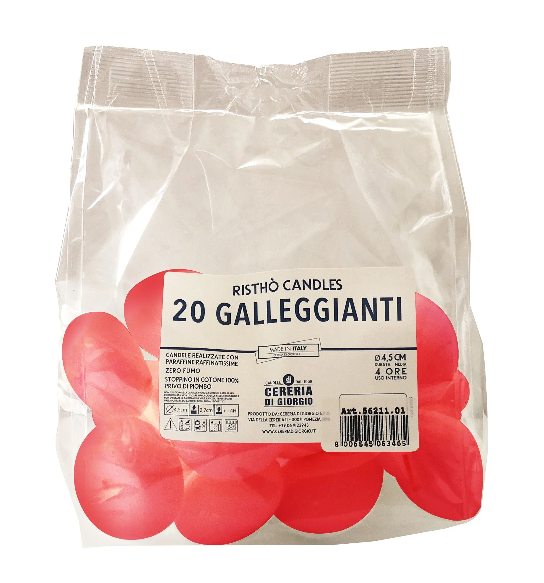 Cereria Di Giorgio Candele Galleggianti Ø 4,5 cm H. 2,7 cm (20 pz) - Rosso