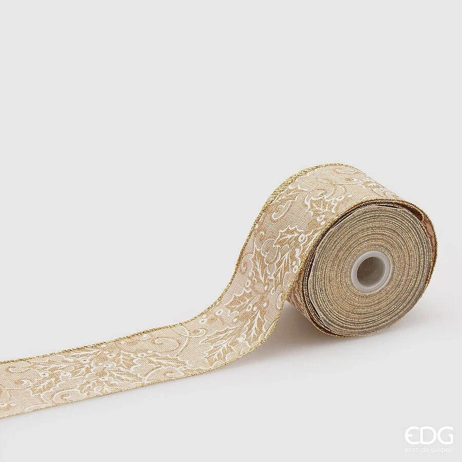 EDG Enzo De Gasperi Nastro Natale Agrifoglio H 6,5 Cm 10 Mt Avorio Oro