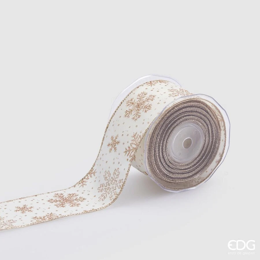EDG Enzo De Gasperi Nastro Natale Snowflakes H 65 Mm 10 Mt Avorio Oro
