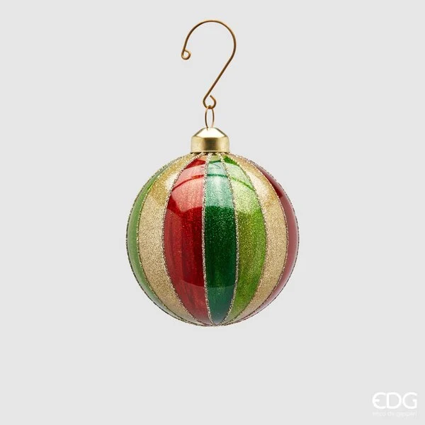 EDG Enzo De Gasperi Palla Natale Vetro Righe Glitter Oro D 8 Cm Rosso Verde