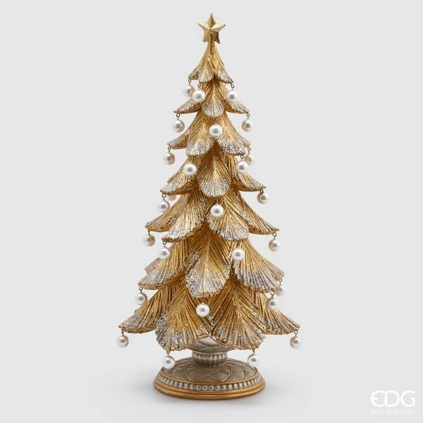 EDG Enzo De Gasperi Albero di Natale Pino Poly con Perle H 46 Cm D 22 Cm Oro Argento
