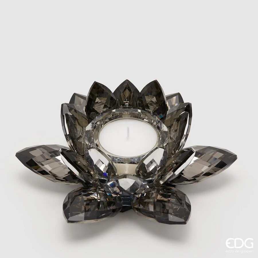 EDG Enzo De Gasperi Portacandela Crystal Ninfea H 8 Cm D 21 Cm Grigio Scuro
