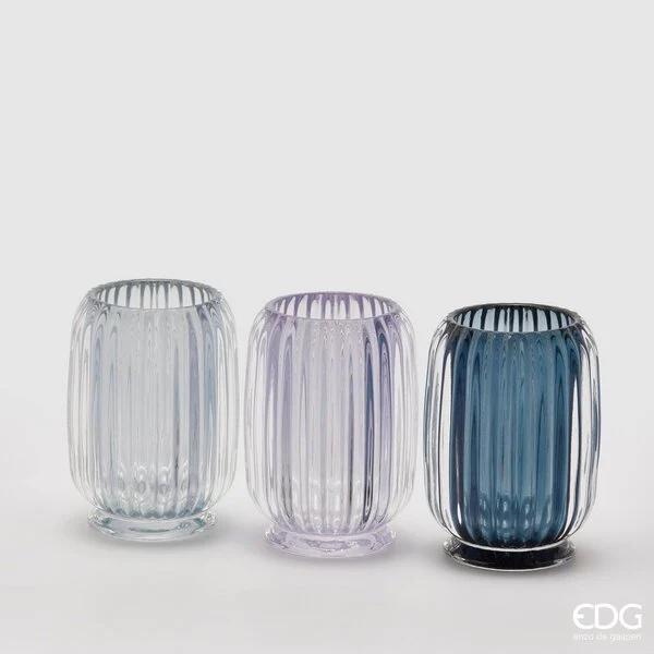 EDG Enzo De Gasperi Portacandela Righe Bombato H 12 Cm D 9 Cm 3 Pz Assortiti Blu