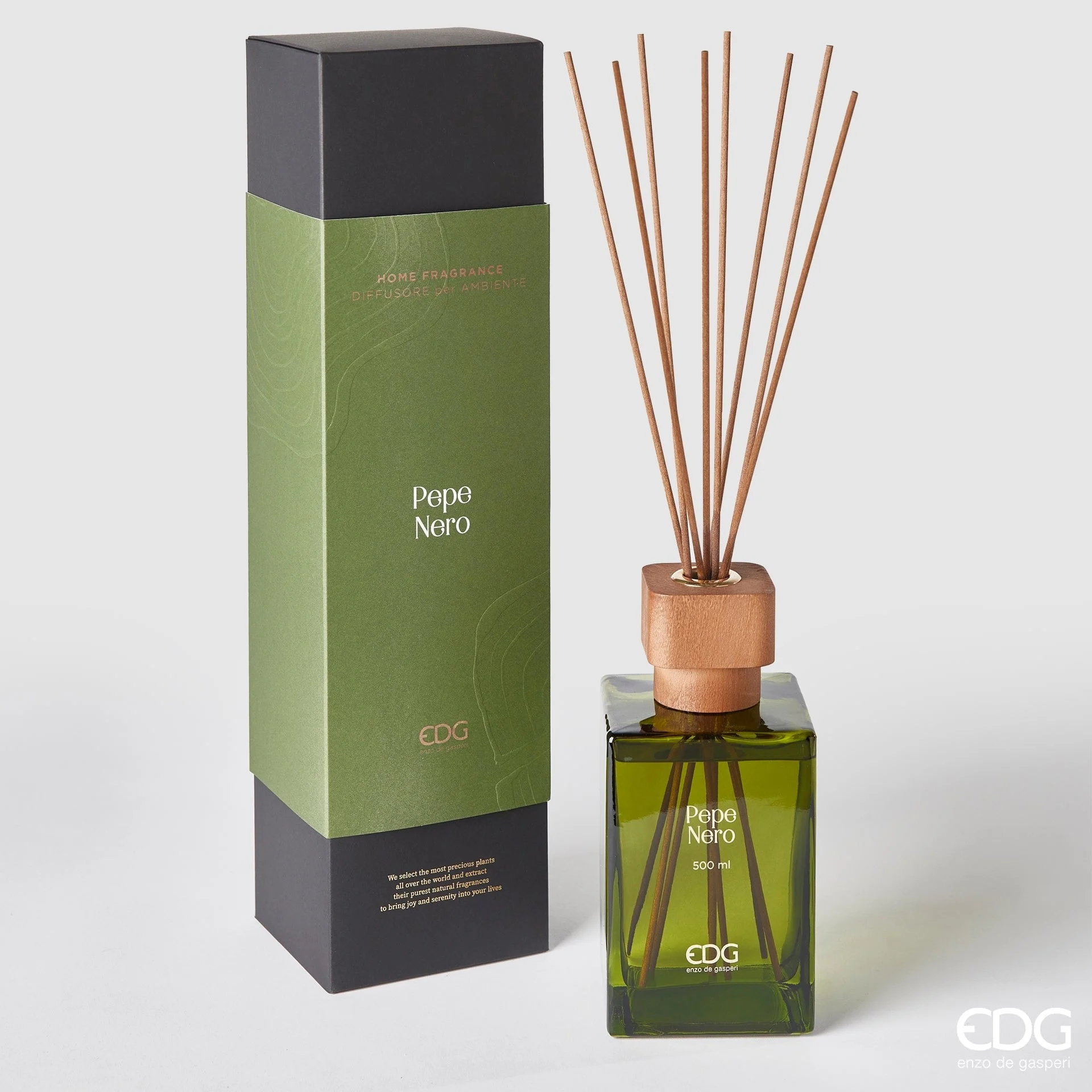 EDG Enzo De Gasperi Profumatore Bottiglia Tappolegno 500 ml + Bastoncini Pepe Nero