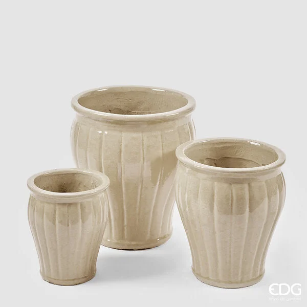 EDG Enzo De Gasperi Vaso Glaze Svasato a Righe Set 3 Pz H 40 Cm H 33 Cm H 25,50 Cm Avorio