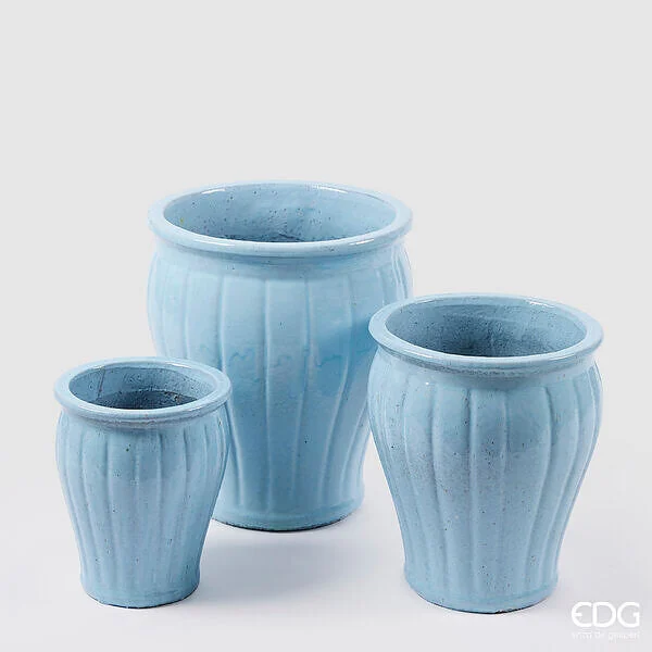 EDG Enzo De Gasperi Vaso Glaze Svasato a Righe Set 3 Pz H 40 Cm H 33 Cm H 25,50 Cm Light Blue