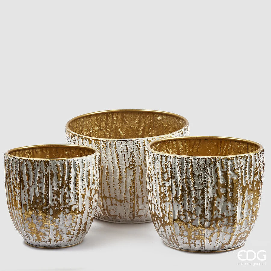 EDG Enzo De Gasperi Vaso Solchi Rotondo 3 Pz H 26 Cm D 35 Cm Bianco Oro