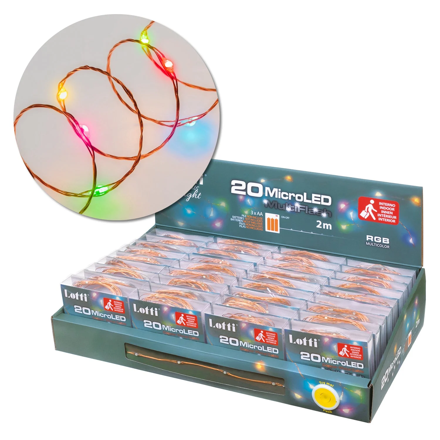 Lotti Catena Natale 20 Micro Led Rgb 2 Mt 3 x AA Scatola Pvc