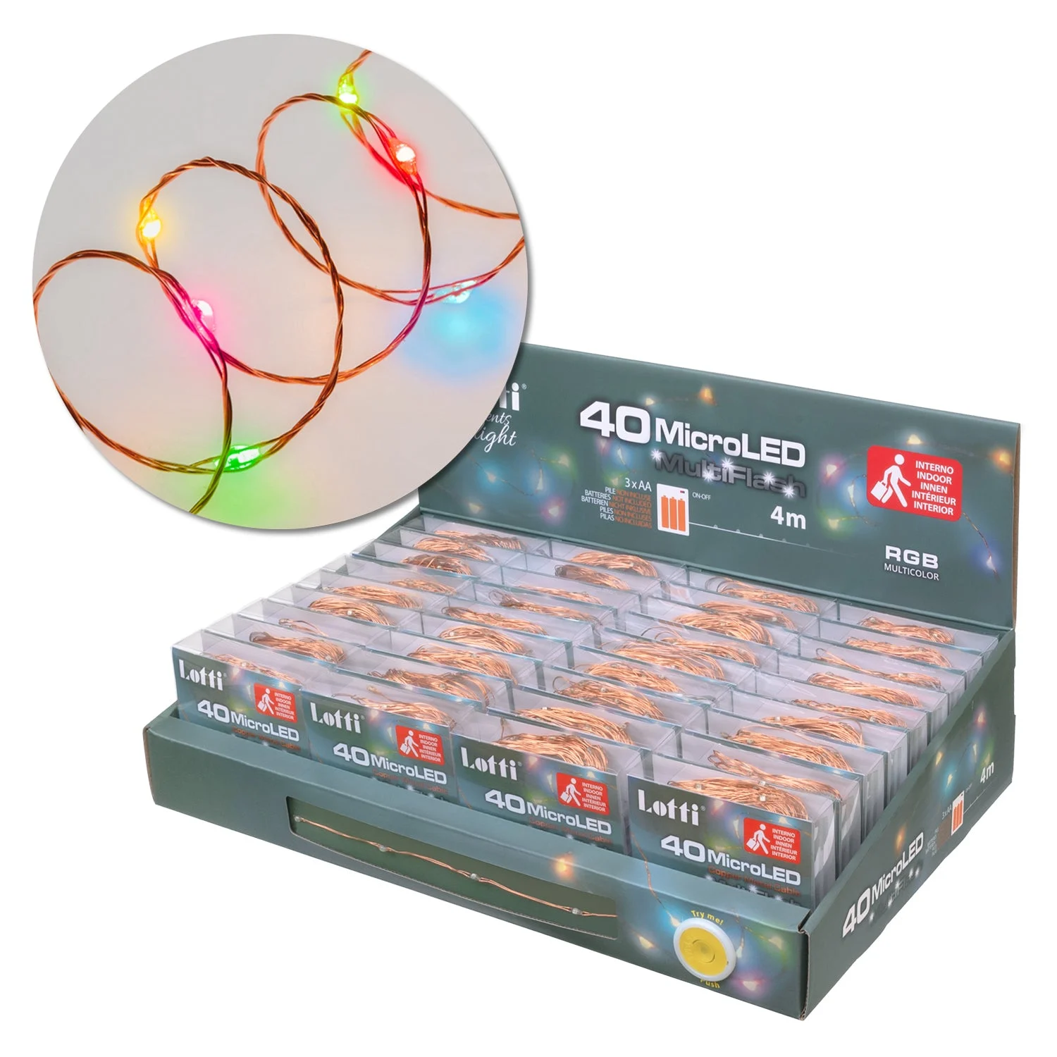Lotti Catena Natale 40 Micro Led Rgb 4 Mt 3 x AA Scatola Pvc