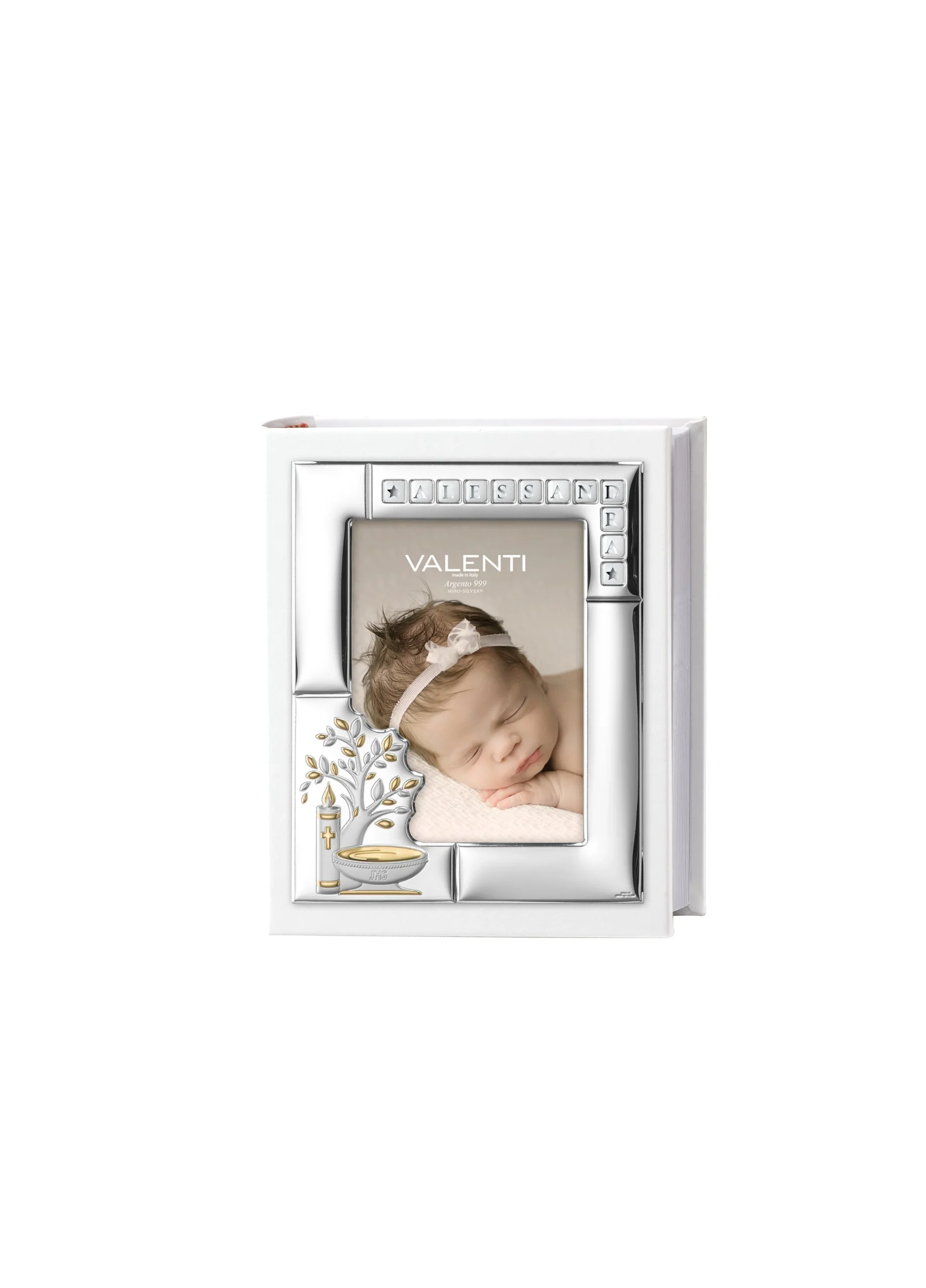 Valenti Album Portafoto Battesimo 25 x 30 cm Argento Letterine in Pelle Bianco