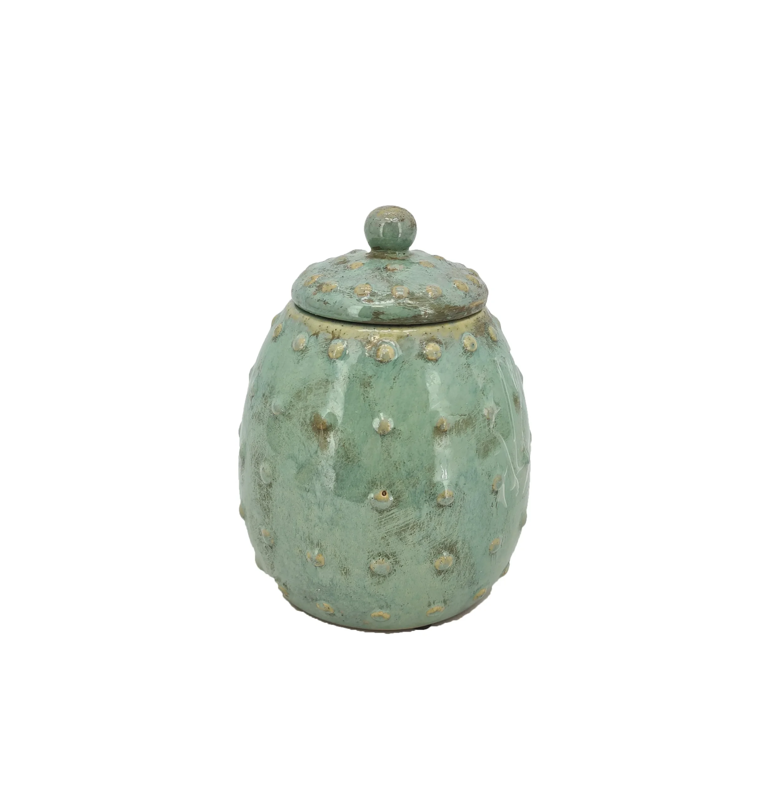 Vimin Box Urna Ceramica Verde Acqua Fiori Rilievo D 14 Cm H 17,5 Cm