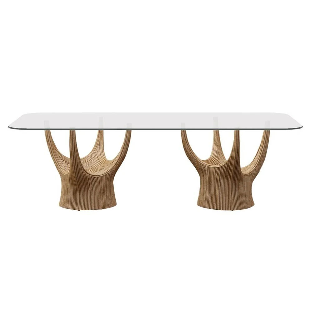 Kenneth Cobonpue tavolo di design Acacia con doppia base in rattan e acciaio, piano in vetro temperato