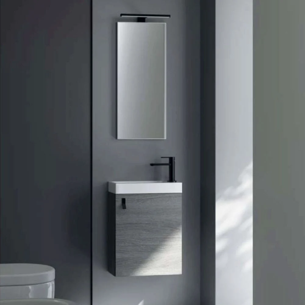 Kios bagno Dado 40 composizione bagno con 1 anta lavamani integrato specchio e faretto