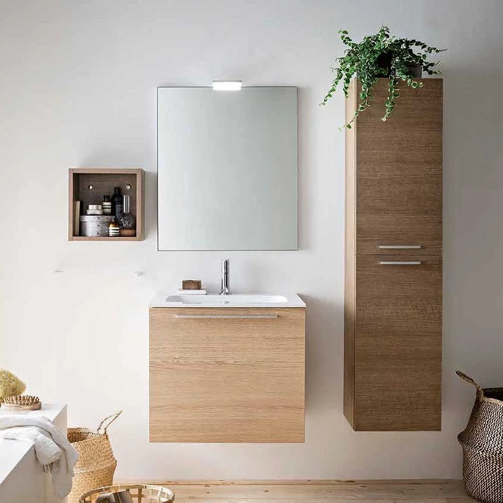 Kios bagno Dado composizione 04 con mobile sospeso a 1 cassettone, specchiera, pensile e colonna