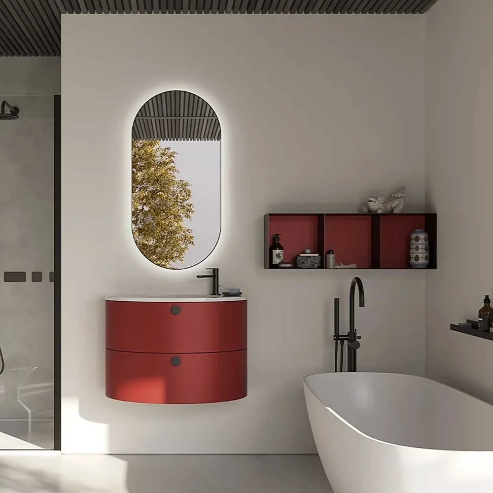 Kios bagno Oval composizione 05 con mobile sospeso a 2 cassetti, specchiera, pensile con 3 vani