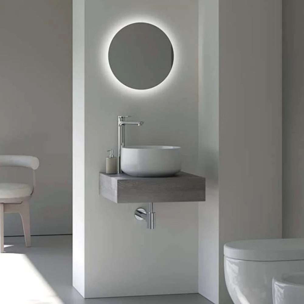Kios bagno Pandora 50 composizione bagno con top scatolato e lavabo da appoggio rotondo e specchio Giotto