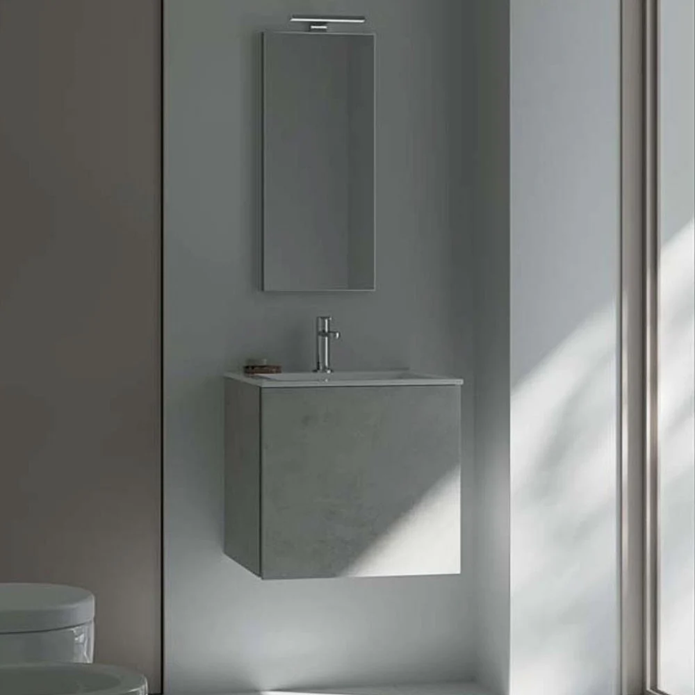 Kios bagno Tower 50 composizione sospesa con base ad 1 cassettone e lavabo incassato con specchio e faretto a led