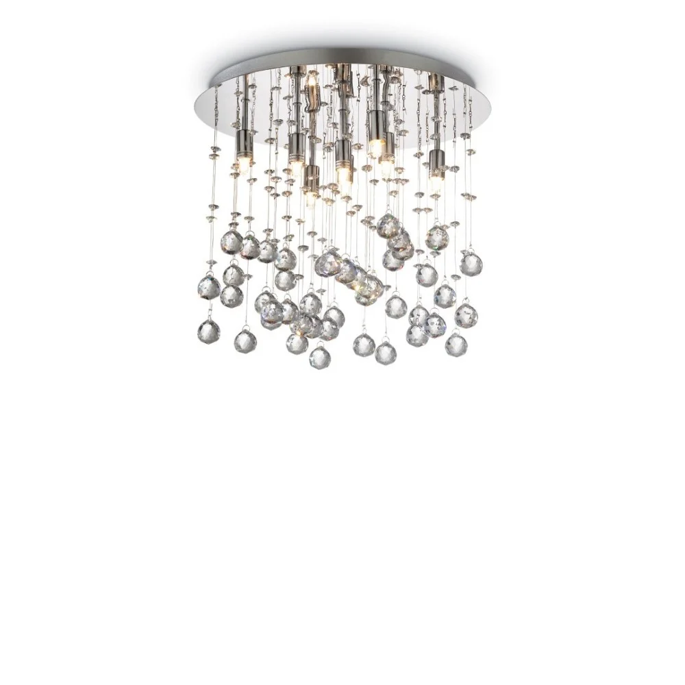 Lampada a soffitto Moonlight a 8 luci con struttura in metallo cromato e  pendagli con ottagoni e sfere in cristallo