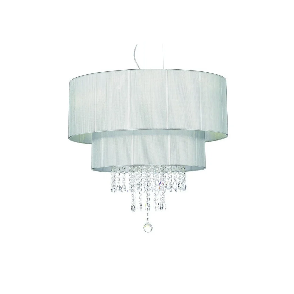Lampada a sopensione Opera a 6 luci con paralume rivestito da fili di cotone e pendagli in cristallo molato