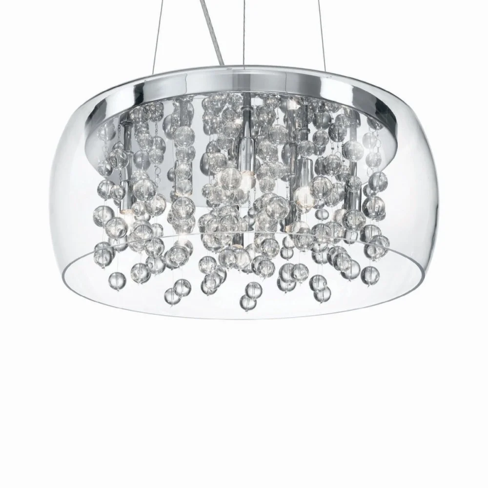 Lampada a sospensione Audi-80 a 8 luci in metallo cromato ed elementi decorativi in vetro