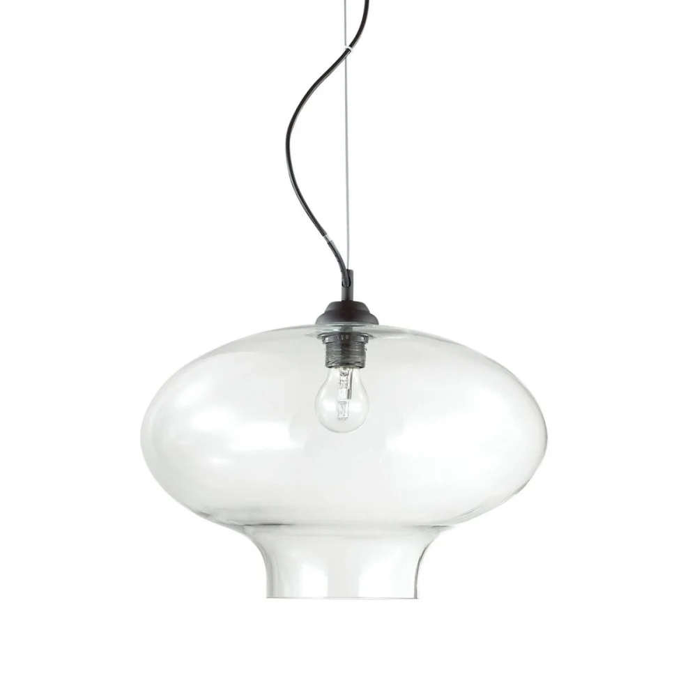 Lampada a sospensione Bistro Round con montatura in metallo nero e diffusore in vetro trasparente