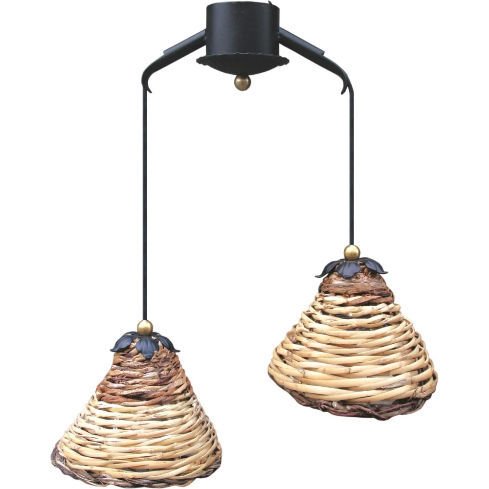 Lampada a Sospensione Dedalo A Due Luci in ferro battuto e paralume in intreccio di canna