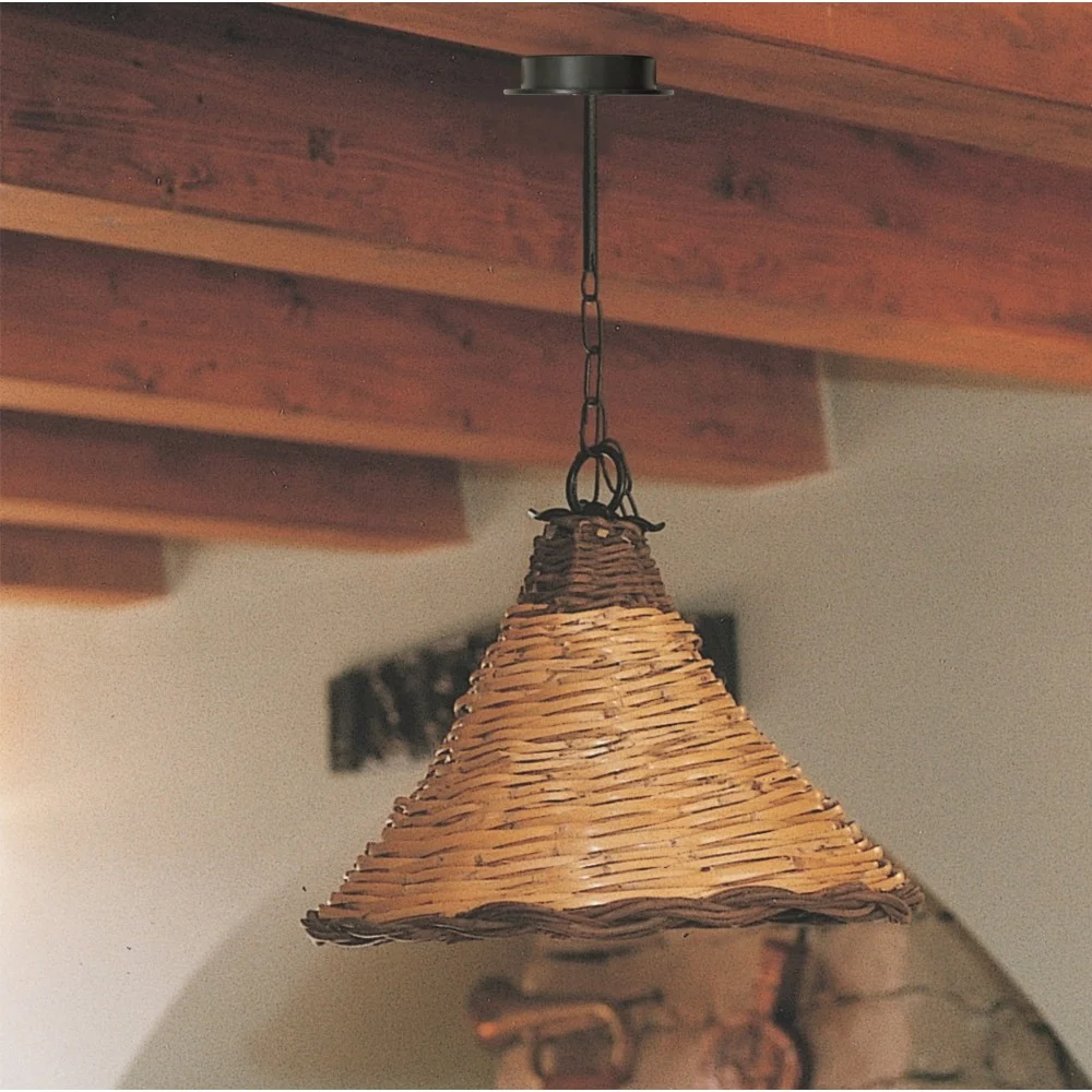 Lampada a Sospensione Dedalo Grande in ferro battuto con paralume in canna intrecciata