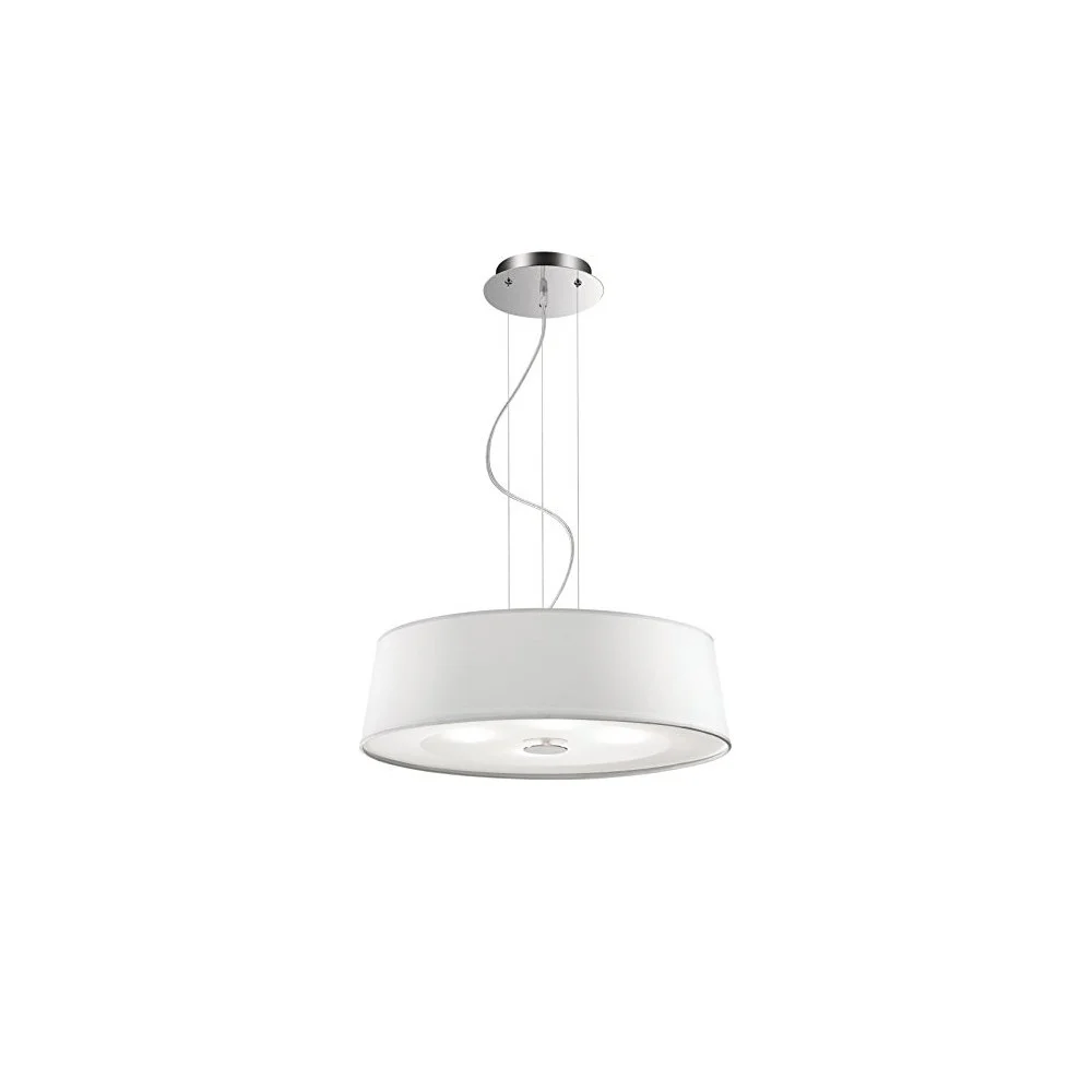 Lampada a sospensione Hilton a 4 luci con struttura in metallo cromato e paralume rivestito in stoffa