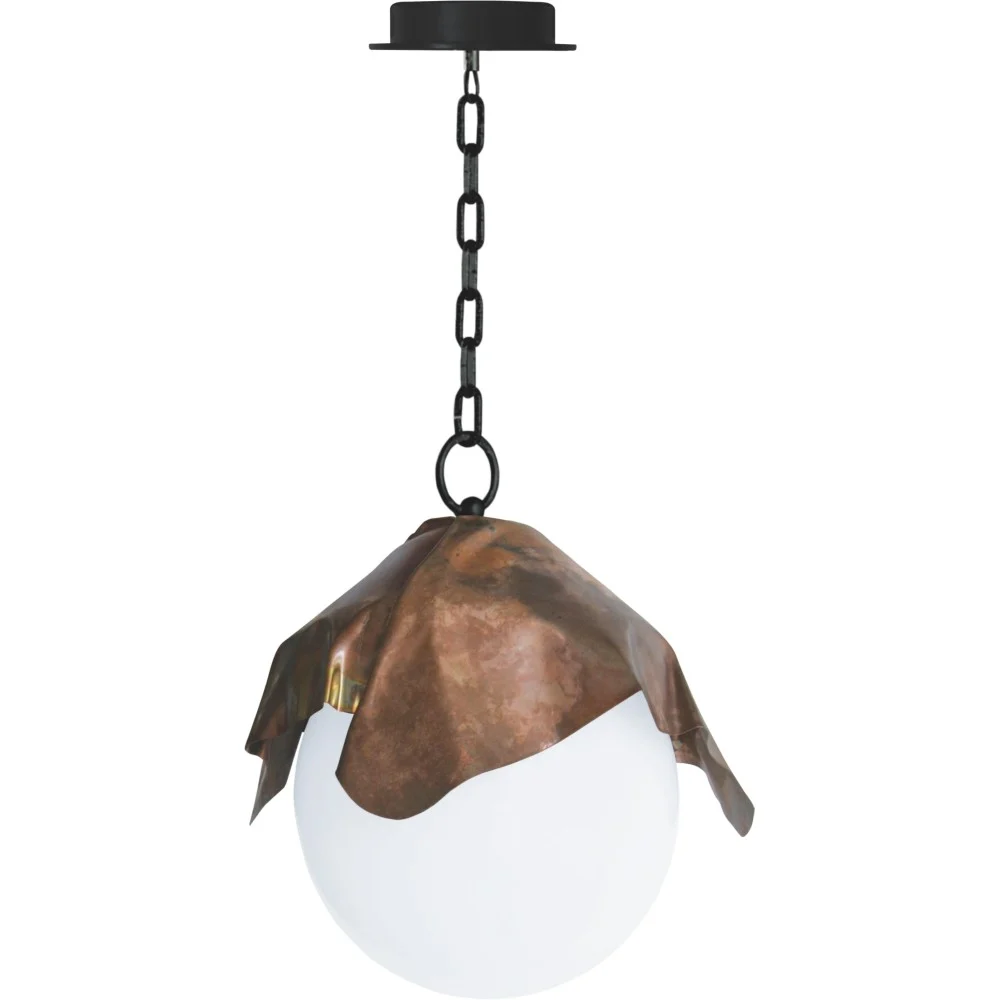 Lampada a Sospensione Magic con catena e rosone in metallo verniciato e lastra in rame come paralume