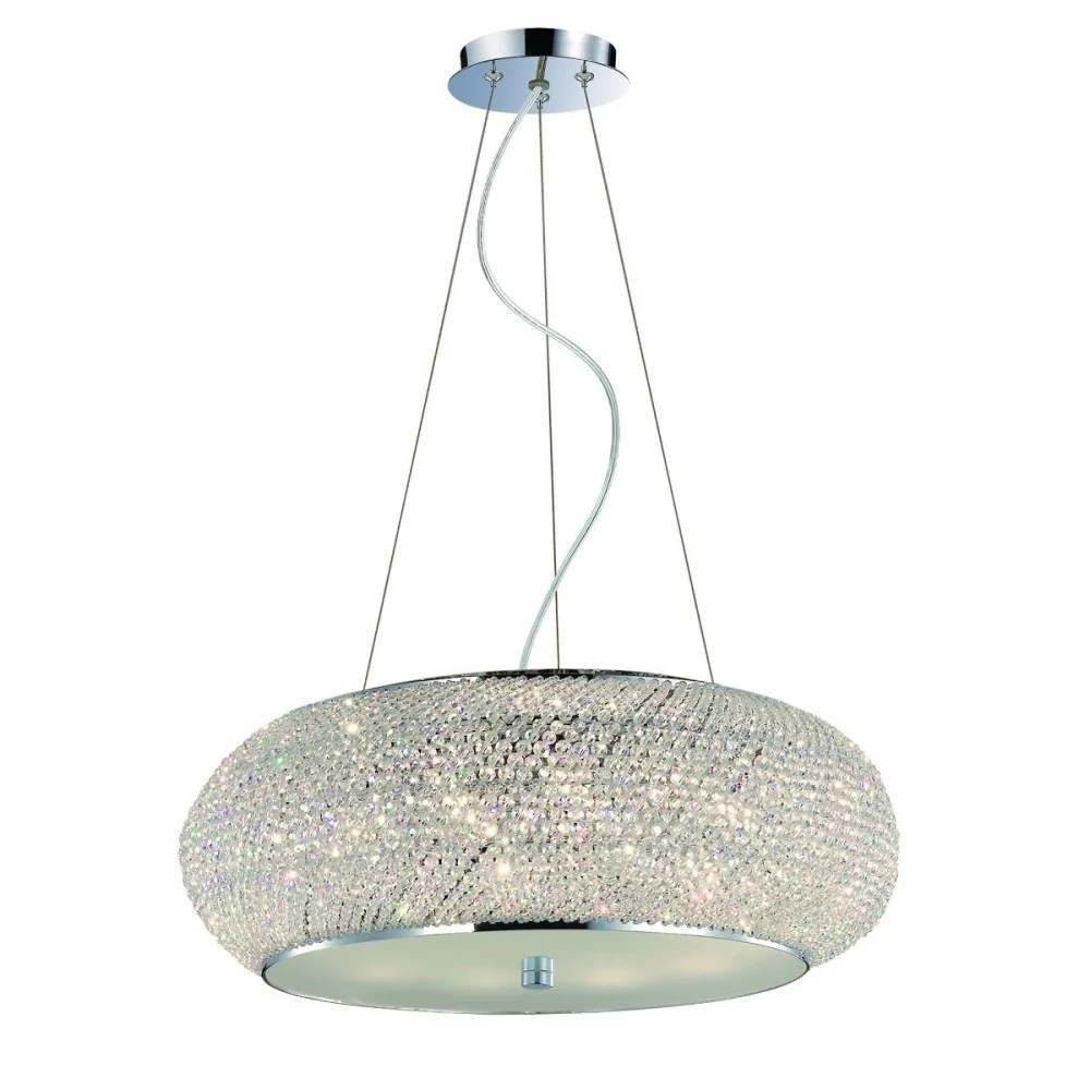 Lampada a sospensione Pasha in metallo cromato e diffusore composto da filari di perle di cristallo molato
