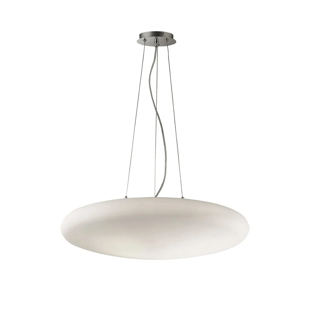 Lampada a sospensione Smarties Bianco con struttura in metallo cromato e vetro soffiato disponibile a 3 luci