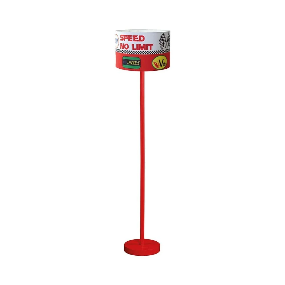 Lampada a terra della Linea Turbo Cap con struttura rossa e paralume con motivi Formula1