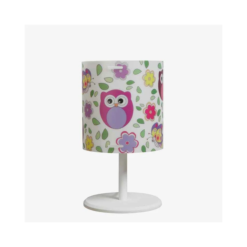Lampada da tavolo Cylinder con simpatici gufetti raffigurati sul paralume e lampada E 14 max 28 watt