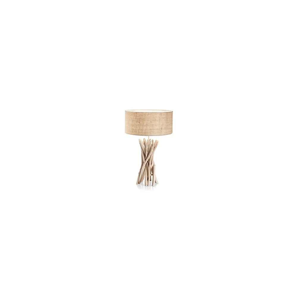 Lampada da Tavolo Driftwood in metallo con elementi decorativi in legno naturale e paralume rivestito in stoffa