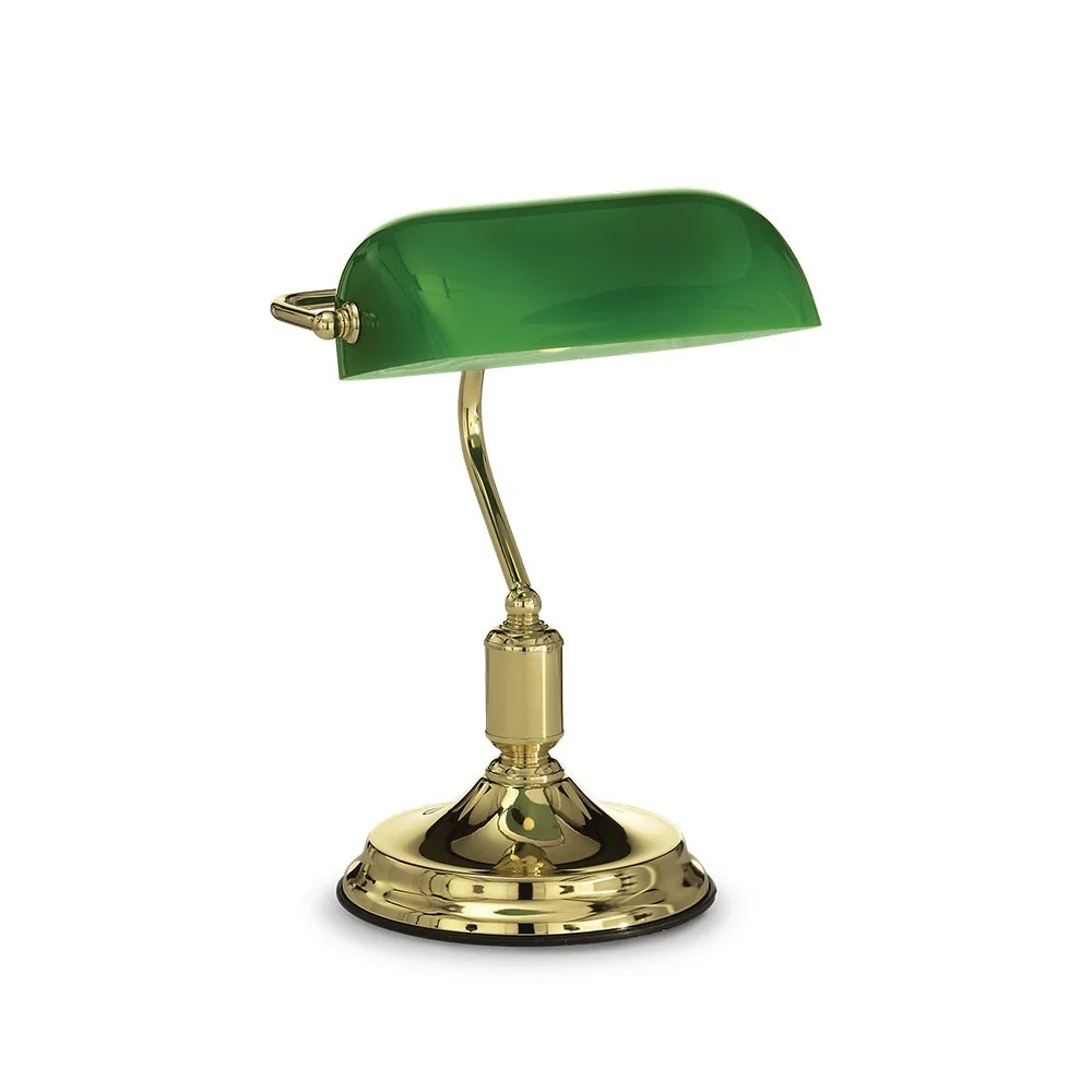 Lampada da tavolo Lawyer di Ideal Lux realizzata in metallo in tre diverse finiture con diffusore in vetro soffiato