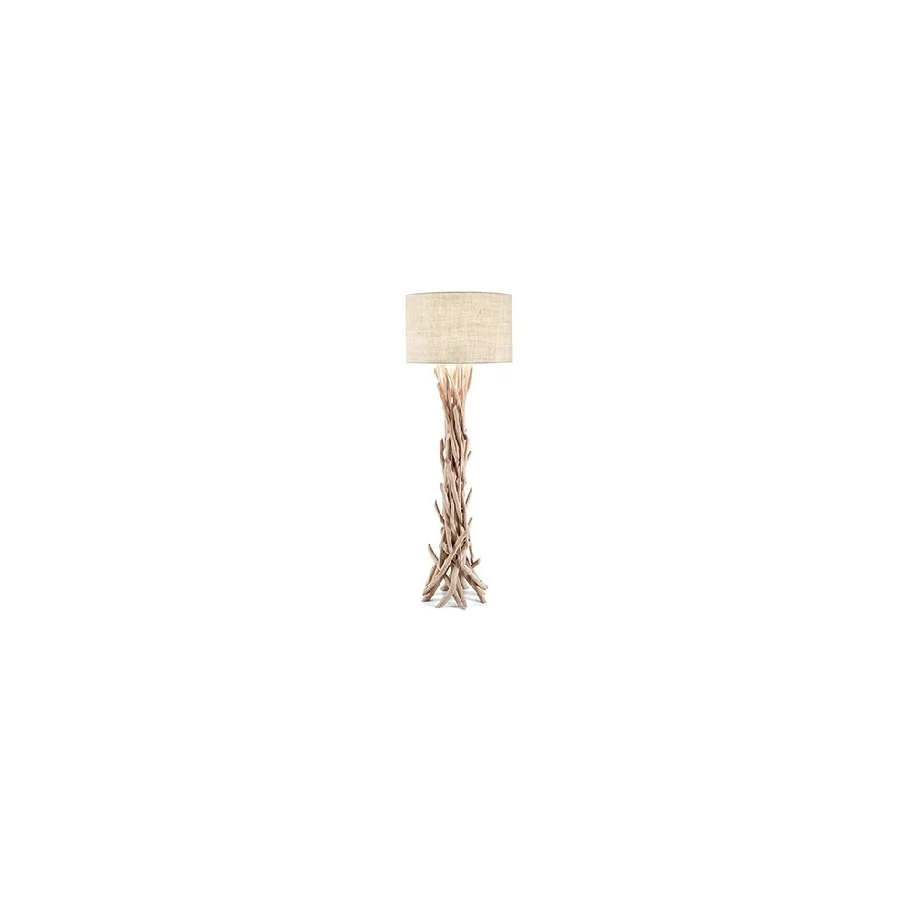 Lampada da Terra Driftwood in metallo con elementi decorativi in legno naturale e paralume rivestito in stoffa