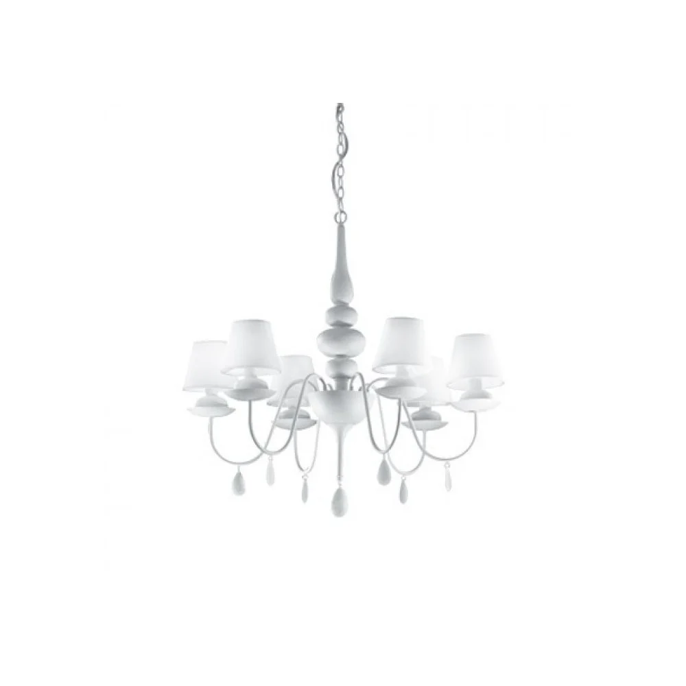 Lampada a sopensione Blanche a 6 luci. Struttura in metallo verniciato bianco con paralume rivestito in stoffa